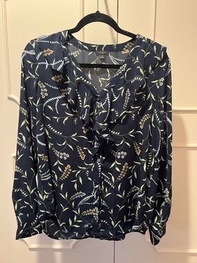 Ann Taylor Factory Navy Floral Ruffle Blouse